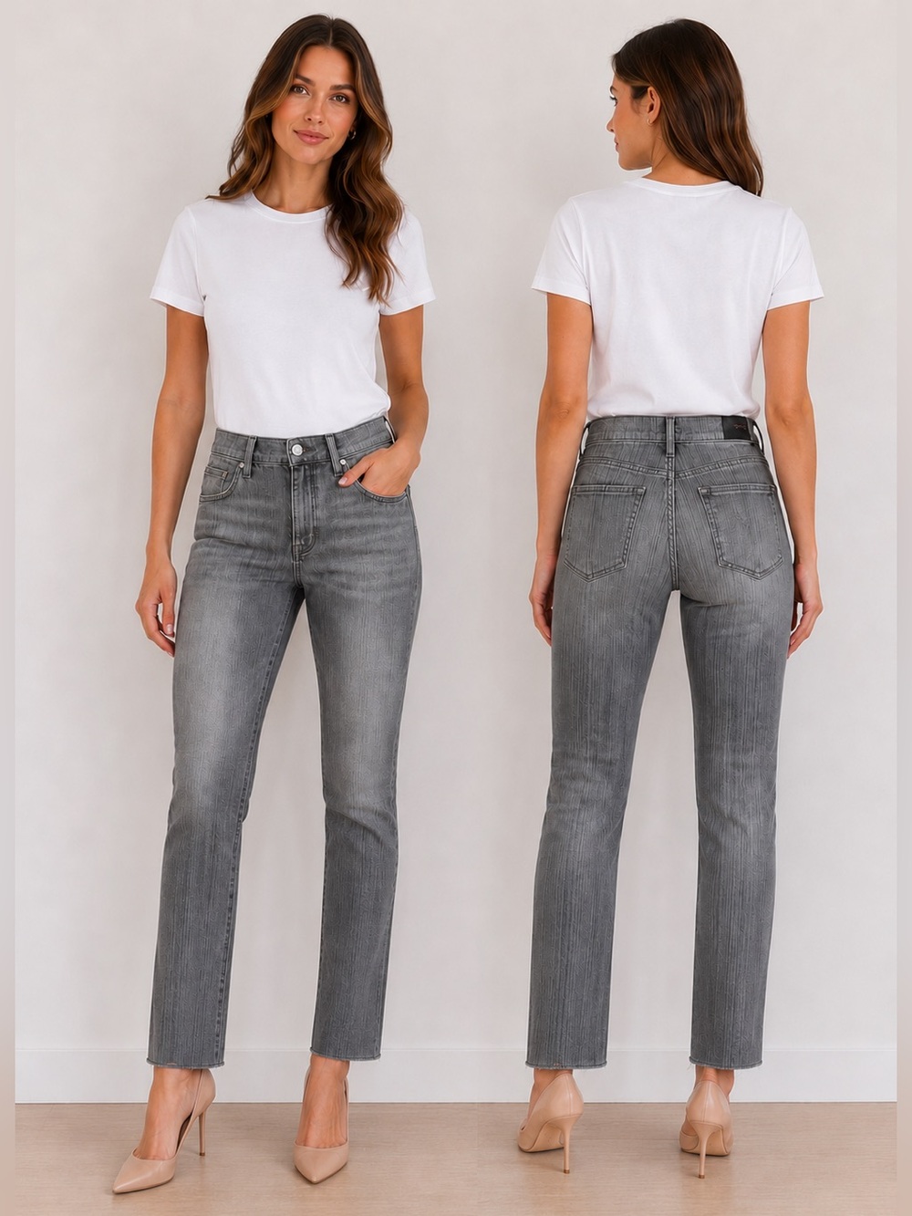 MOTHER The Rascal Ankle Fray Jeans 27 Noted Gray Pinstripe Crop Flare